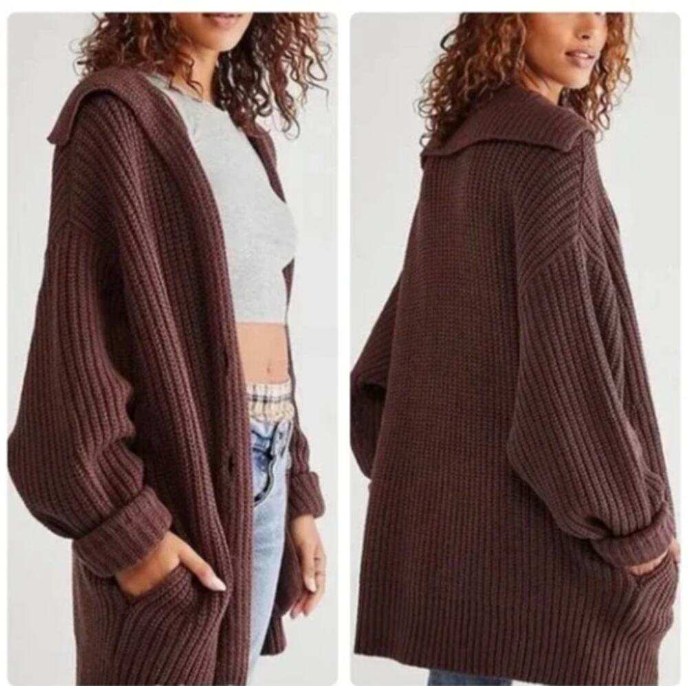 FREE PEOPLE Swim Too Deep Chunky Oversized Cardigan Sweater Brown Sz XS $198 222